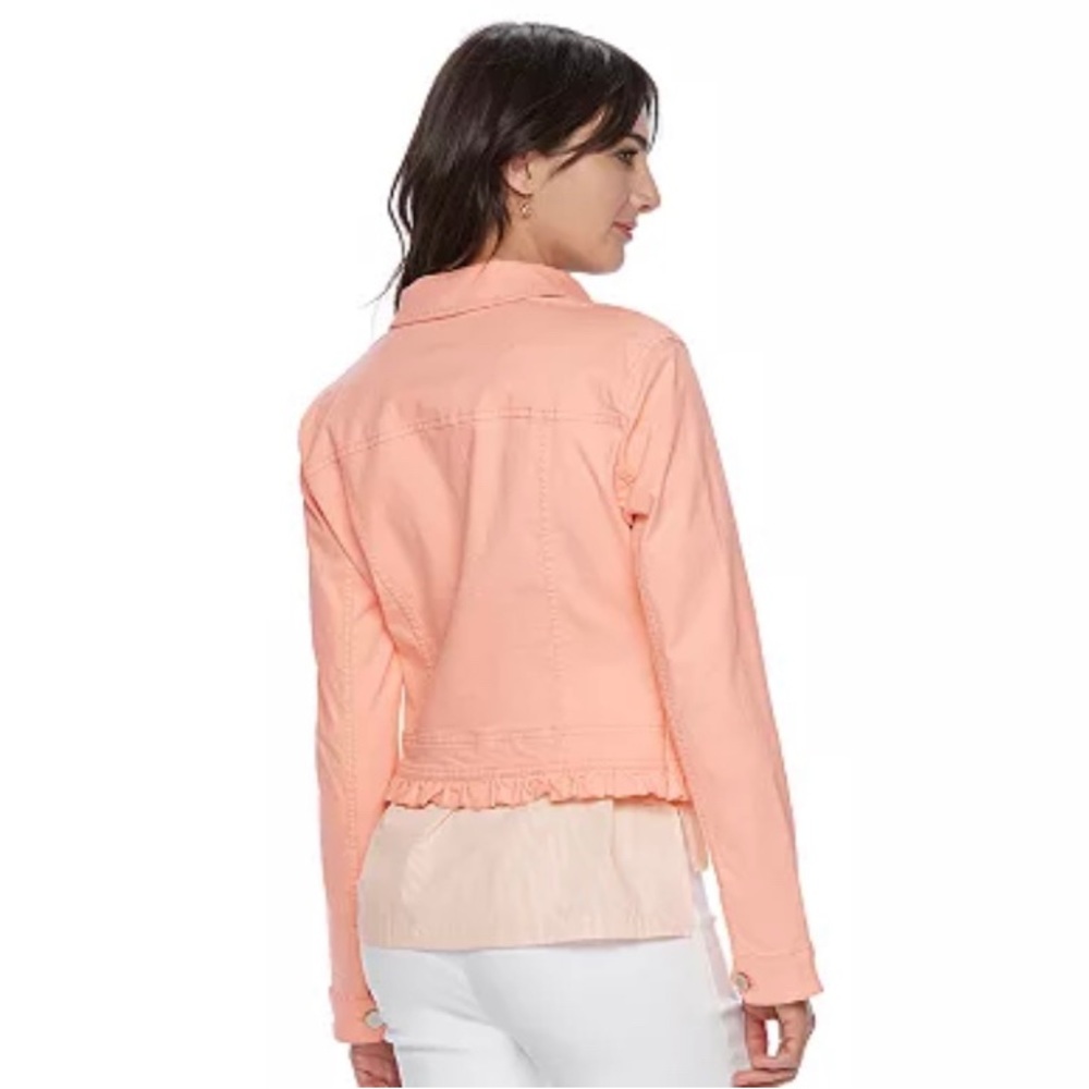 Elle “satin peach” cropped Ruffle Jean Jacket, Size S - Picture 2 of 8
